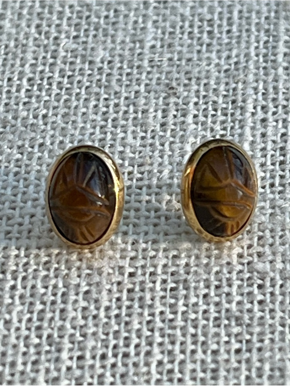 14k Tigers Eye Oval Scarab Stud Earrings